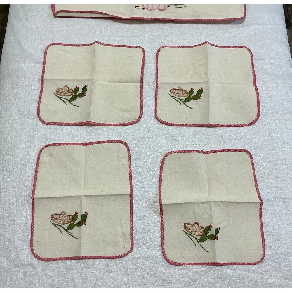 Vtg mexican embroidered Placemat Napkin Set Jerez Zacatecas Cotton Canvas NIP